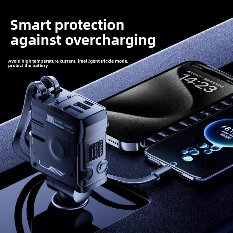 Mecha Retractable Cable Car Charger for Vehicles120W Super Fast Charging 3-in-1 Car Cigarette Lighter Flash Charging Car Charger