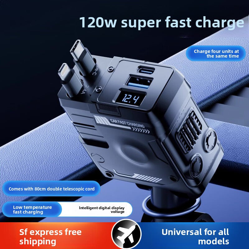 Mecha Retractable Cable Car Charger for Vehicles120W Super Fast Charging 3-in-1 Car Cigarette Lighter Flash Charging Car Charger