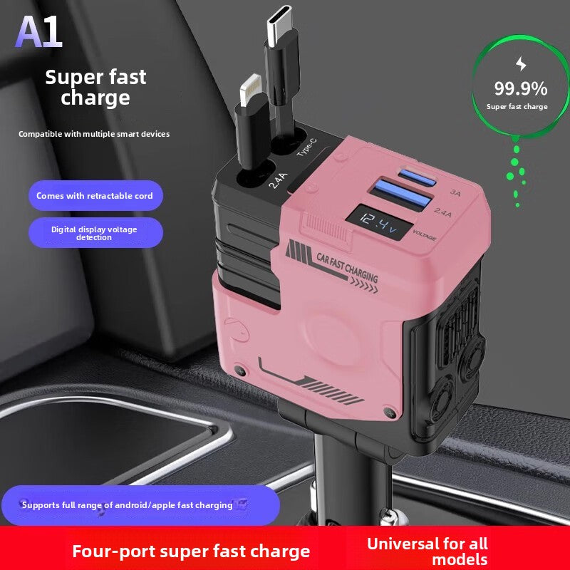 Mecha Retractable Cable Car Charger for Vehicles120W Super Fast Charging 3-in-1 Car Cigarette Lighter Flash Charging Car Charger
