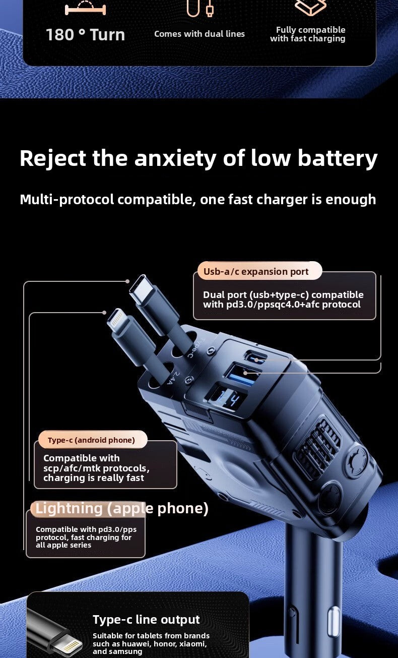 Mecha Retractable Cable Car Charger for Vehicles120W Super Fast Charging 3-in-1 Car Cigarette Lighter Flash Charging Car Charger