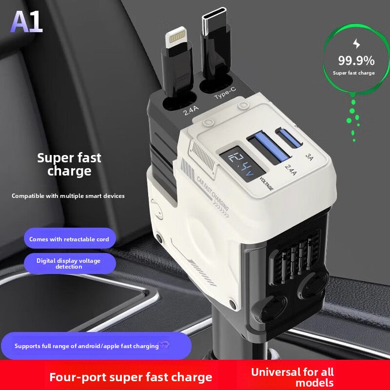 Mecha Retractable Cable Car Charger for Vehicles120W Super Fast Charging 3-in-1 Car Cigarette Lighter Flash Charging Car Charger