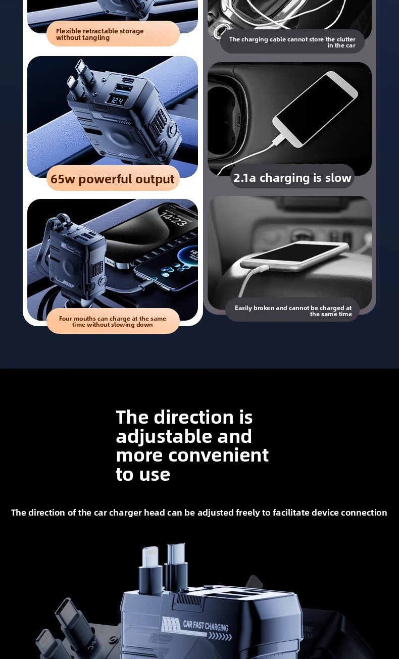 Mecha Retractable Cable Car Charger for Vehicles120W Super Fast Charging 3-in-1 Car Cigarette Lighter Flash Charging Car Charger