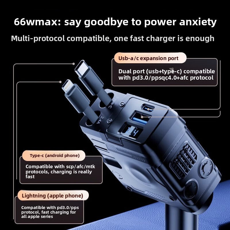 Mecha Retractable Cable Car Charger for Vehicles120W Super Fast Charging 3-in-1 Car Cigarette Lighter Flash Charging Car Charger