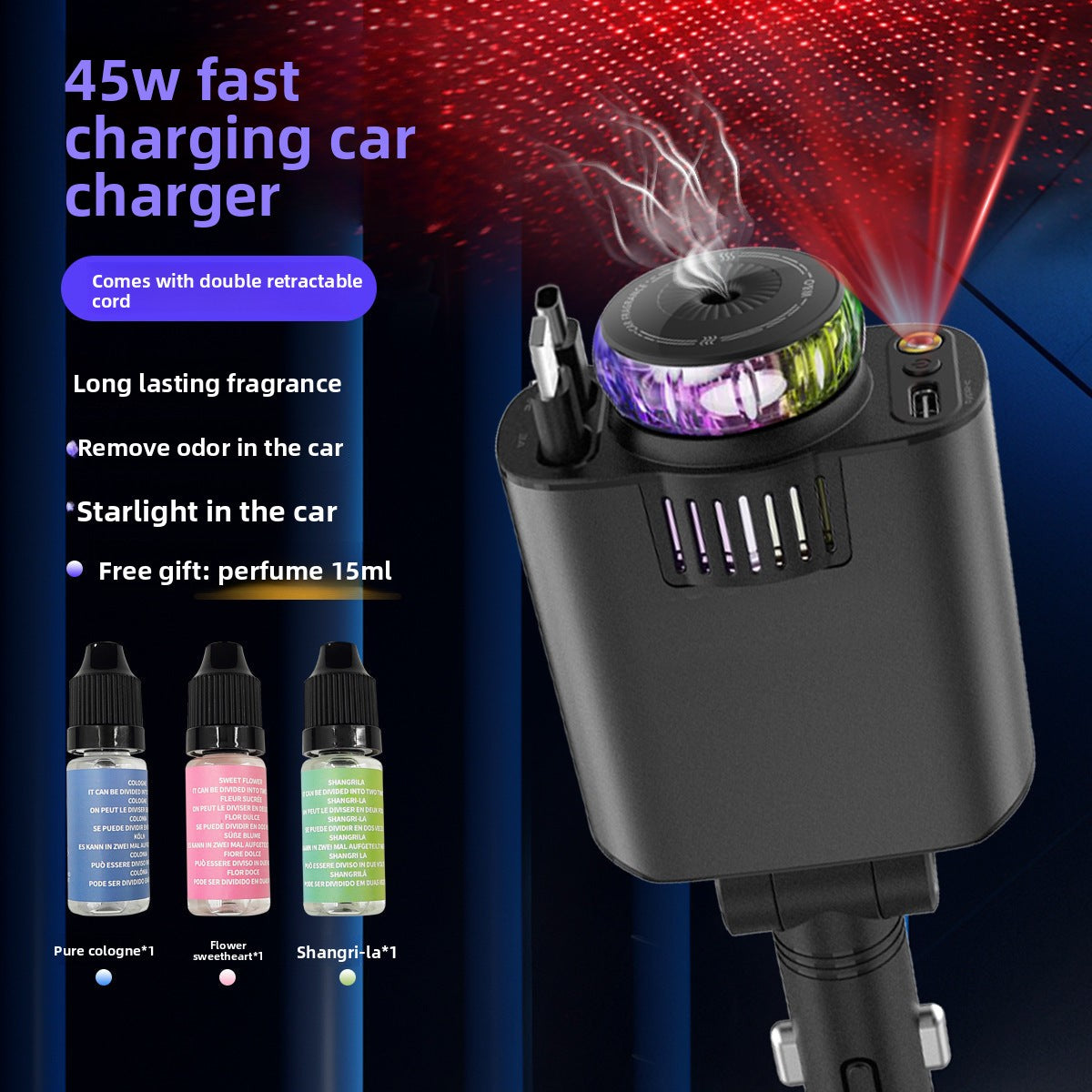 Car Charger120W Super Fast Charging with Retractable Cable Ambient Light Car Smart Aromatherapy Machine Starry Sky Roof Car Charger