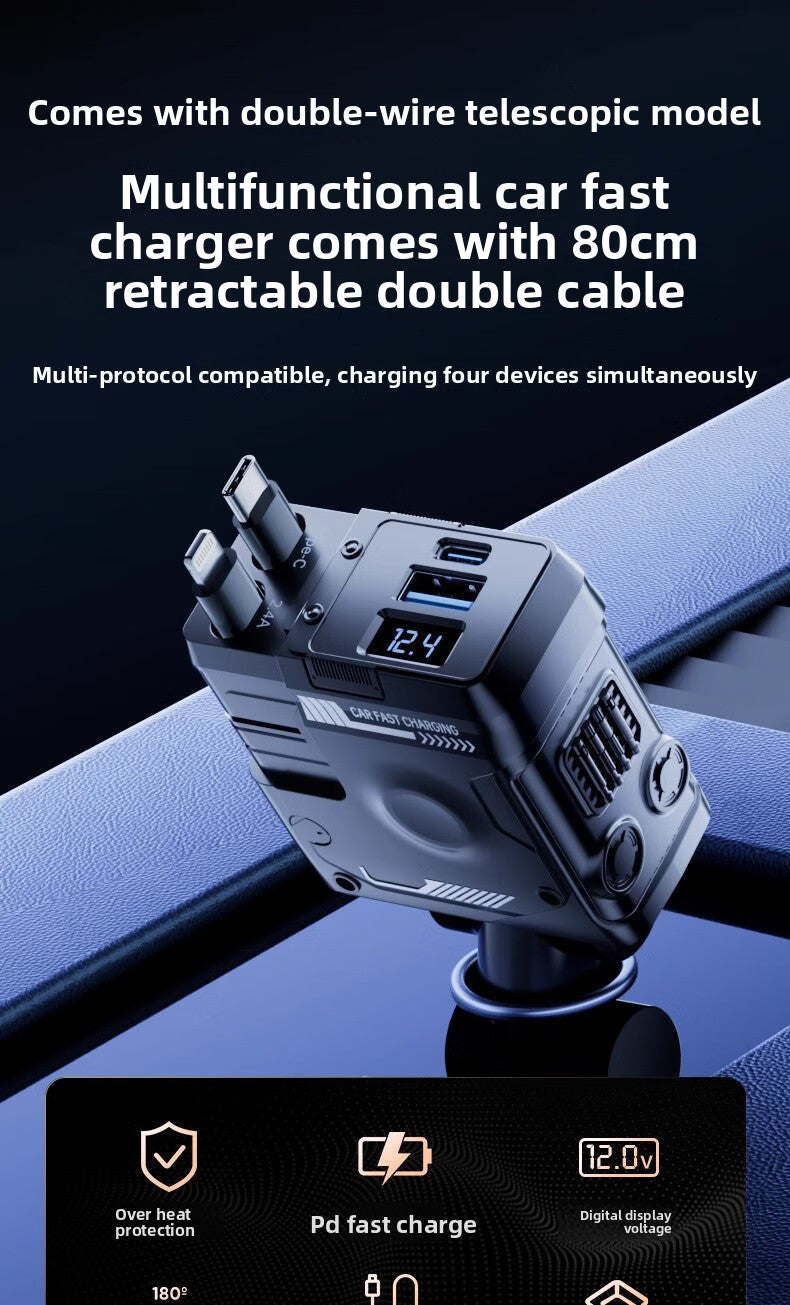 Mecha Retractable Cable Car Charger for Vehicles120W Super Fast Charging 3-in-1 Car Cigarette Lighter Flash Charging Car Charger