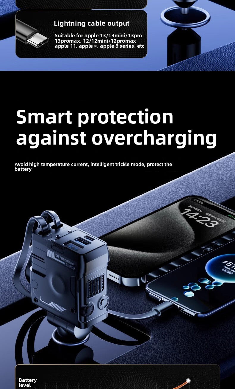 Mecha Retractable Cable Car Charger for Vehicles120W Super Fast Charging 3-in-1 Car Cigarette Lighter Flash Charging Car Charger