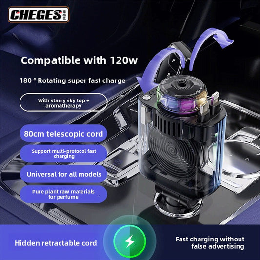 Car Charger120W Super Fast Charging with Retractable Cable Ambient Light Car Smart Aromatherapy Machine Starry Sky Roof Car Charger
