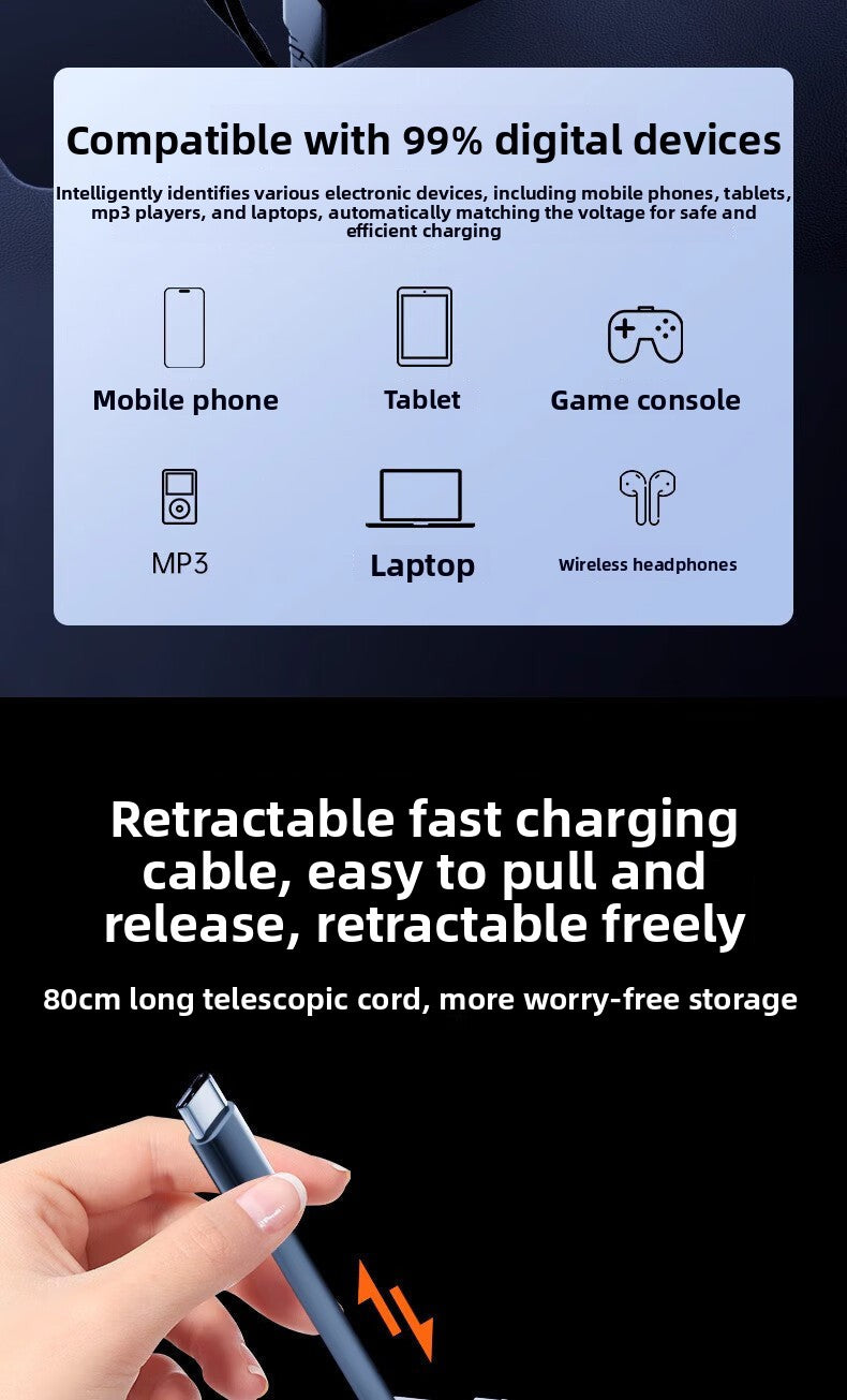 Mecha Retractable Cable Car Charger for Vehicles120W Super Fast Charging 3-in-1 Car Cigarette Lighter Flash Charging Car Charger